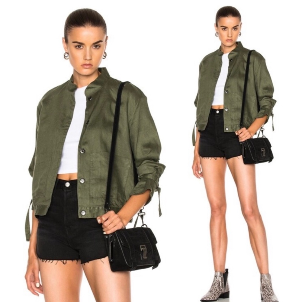 FRAME Army Olive Great Denim Tie Cuff Linen Utilitarian Pocket Jacket XS
